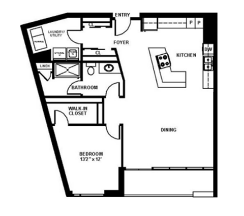 Floor plan for 1 bed, 1 bath, 1092 sqft